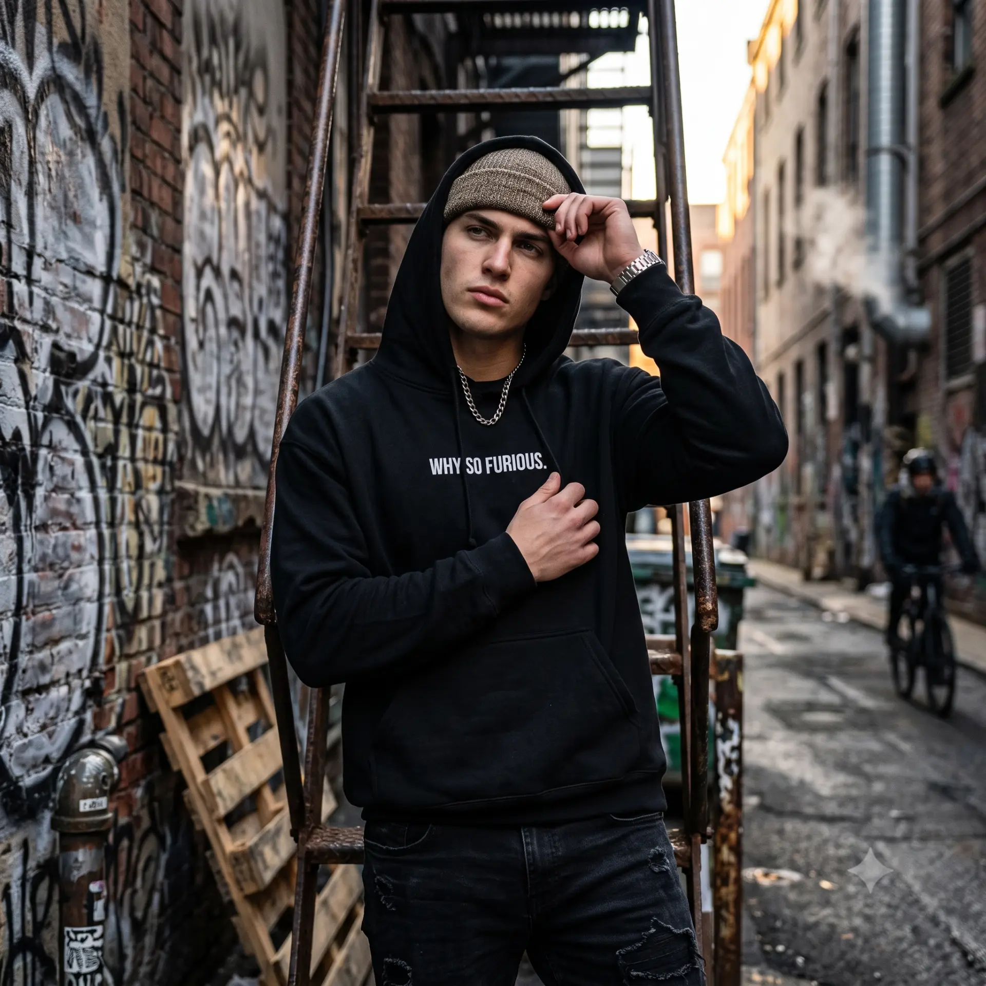 Streetwear lookbook shot in industrial alleyway