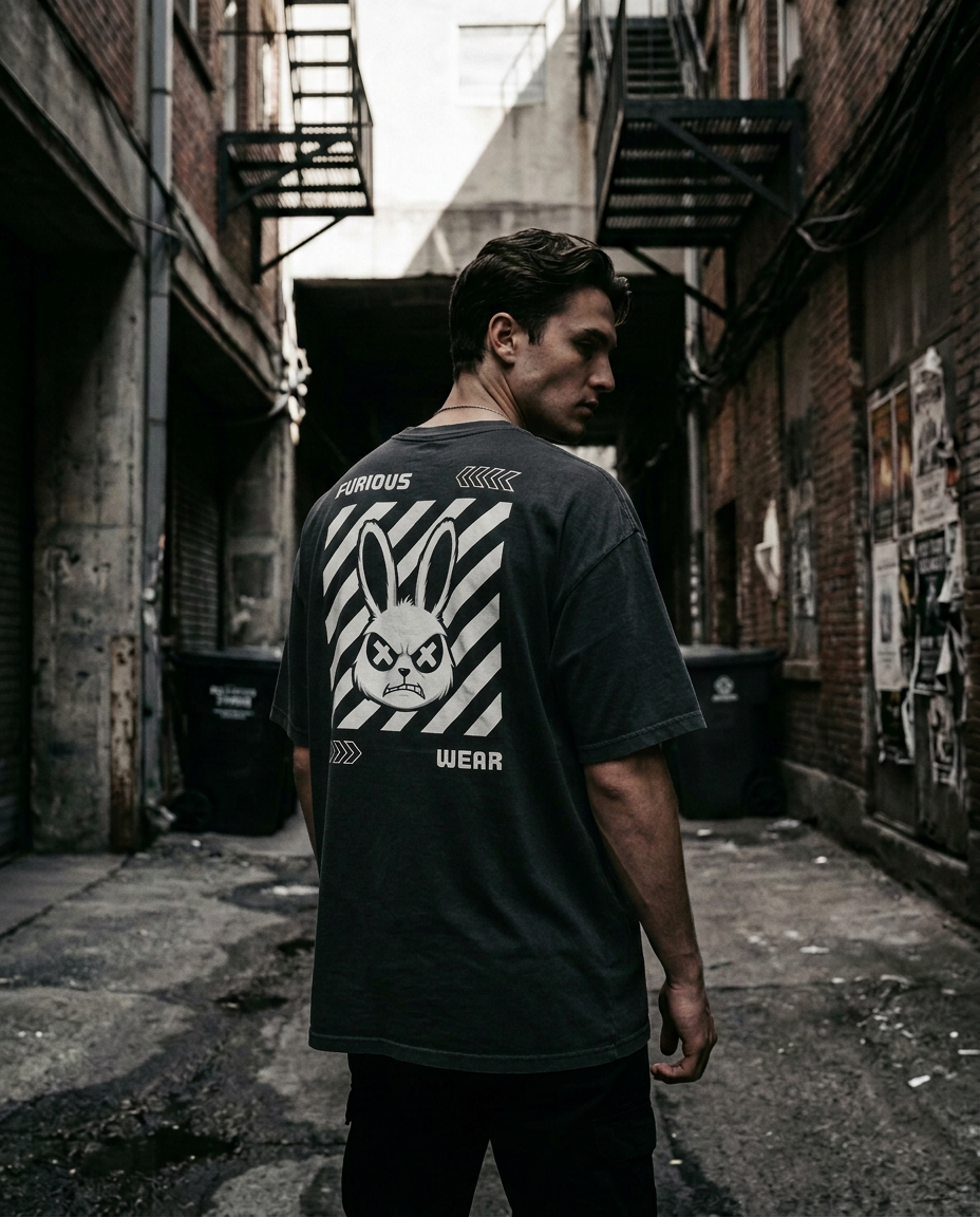 Model wearing Furious Wear streetwear in an urban setting